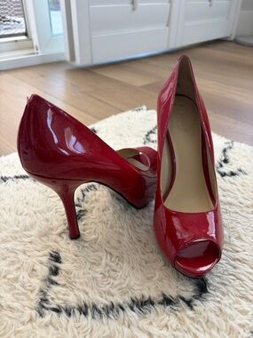 Nine West Red Patent Peep-Toe High Heels - Women's Dress Pumps
